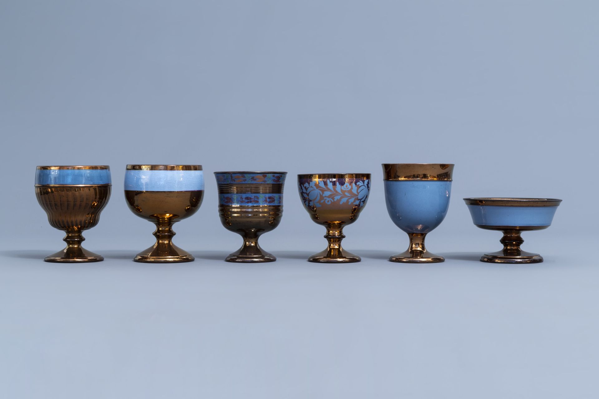 A varied collection of English lustreware items with blue design, 19th C. - Image 28 of 50