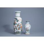 A large Chinese famille verte vase and a famille rose baluster vase with birds, 20th C.