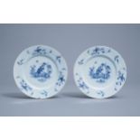 A pair of Dutch Delft blue and white 'chinoiserie' plates, 18th C.