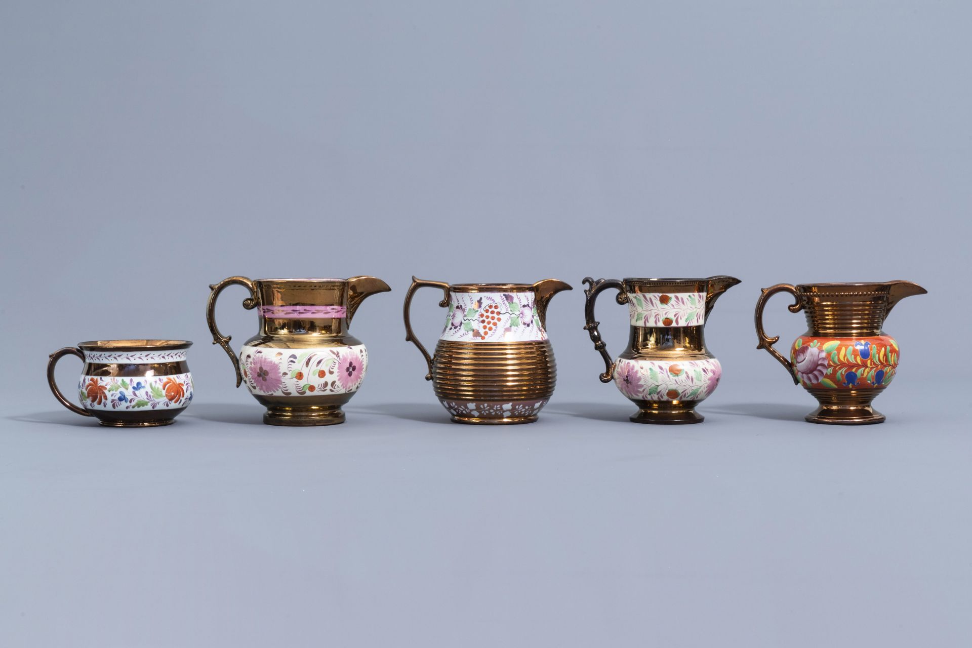 A varied collection of English lustreware items with polychrome floral design, 19th C. - Image 7 of 64