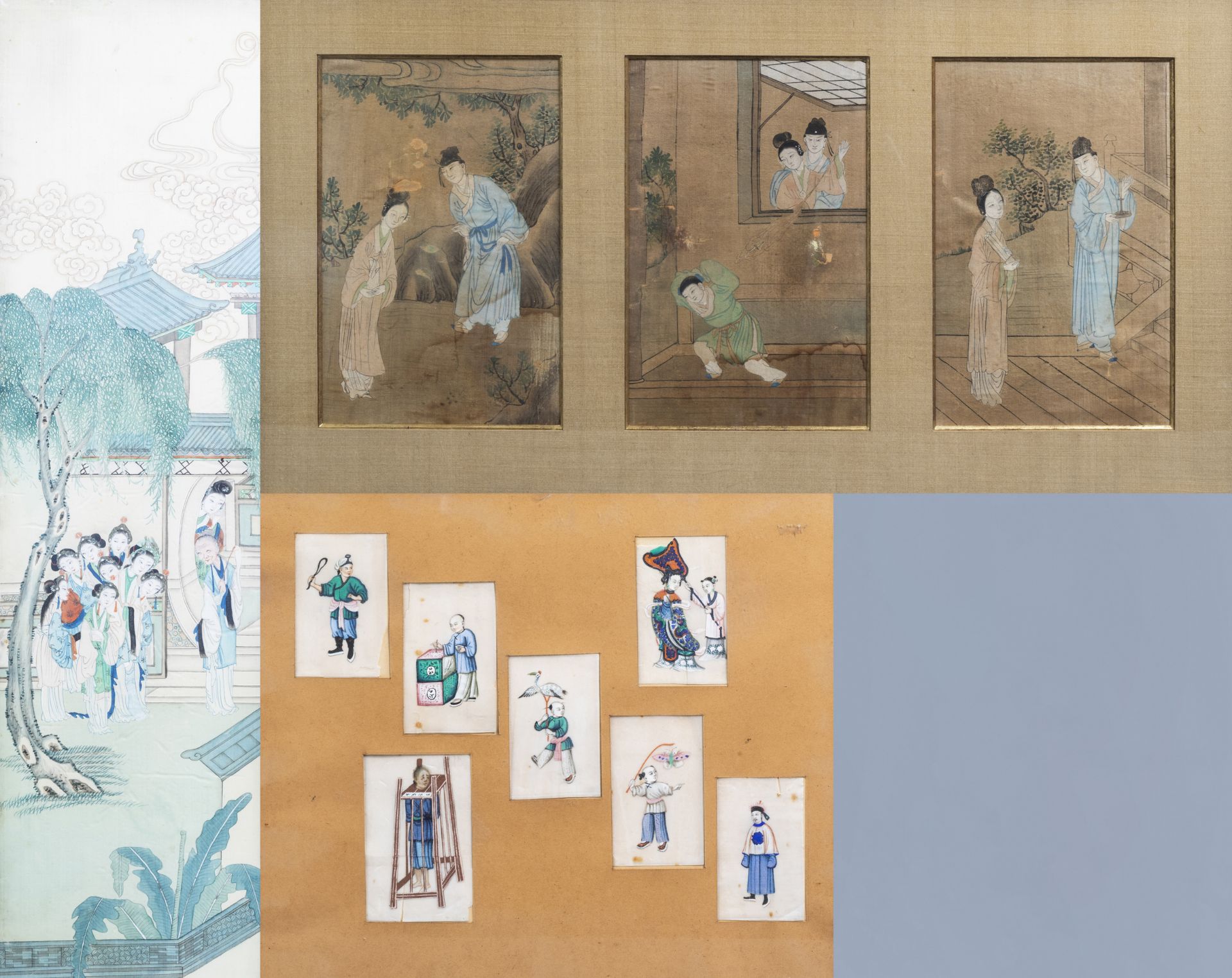 Chinese school, ink and colours on silk and pith paper, 18th/19th C.: Various paintings with figures - Image 3 of 12