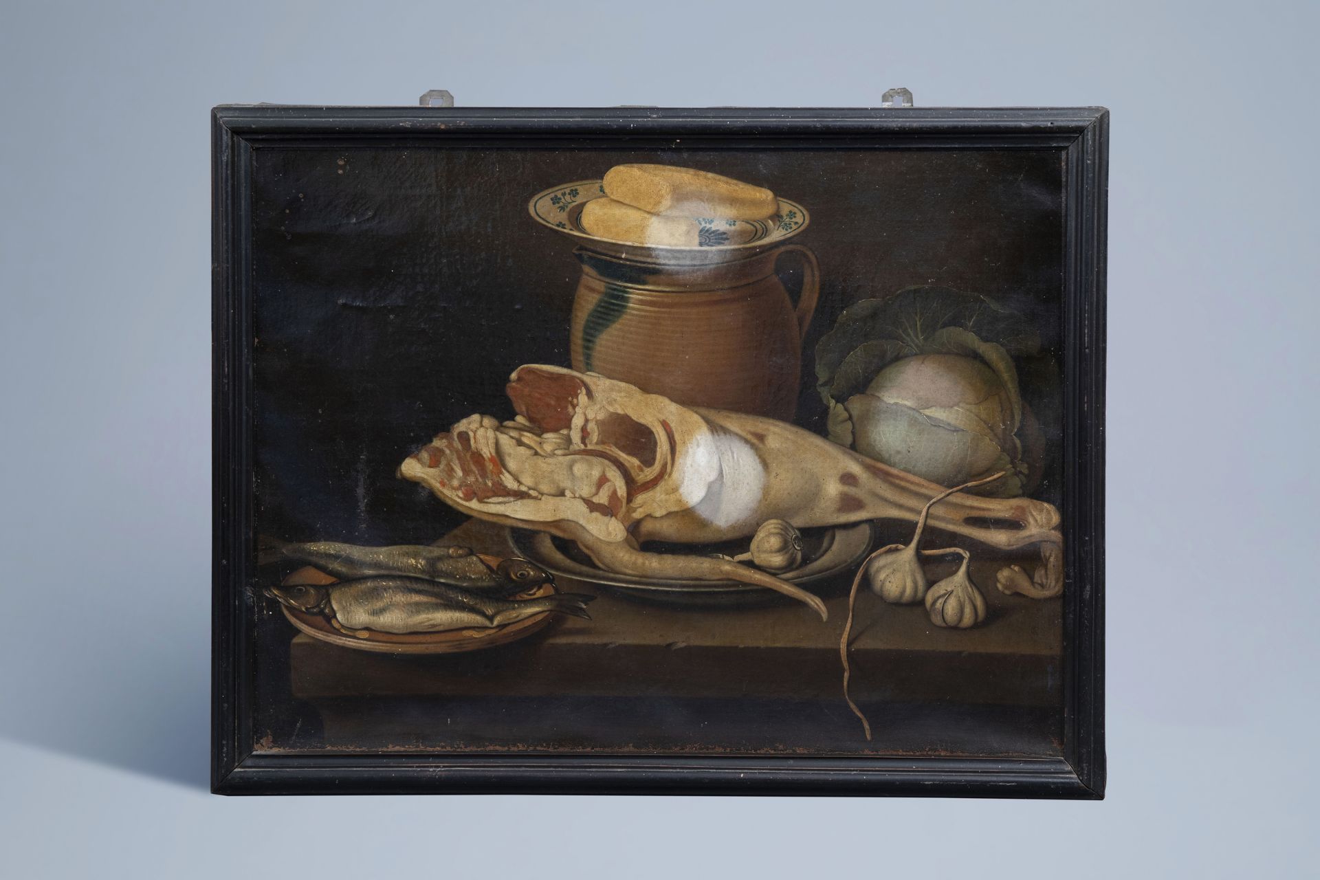 German school: Still life with fish, meat, vegetables and crockery, oil on canvas, 18th C. - Image 2 of 6