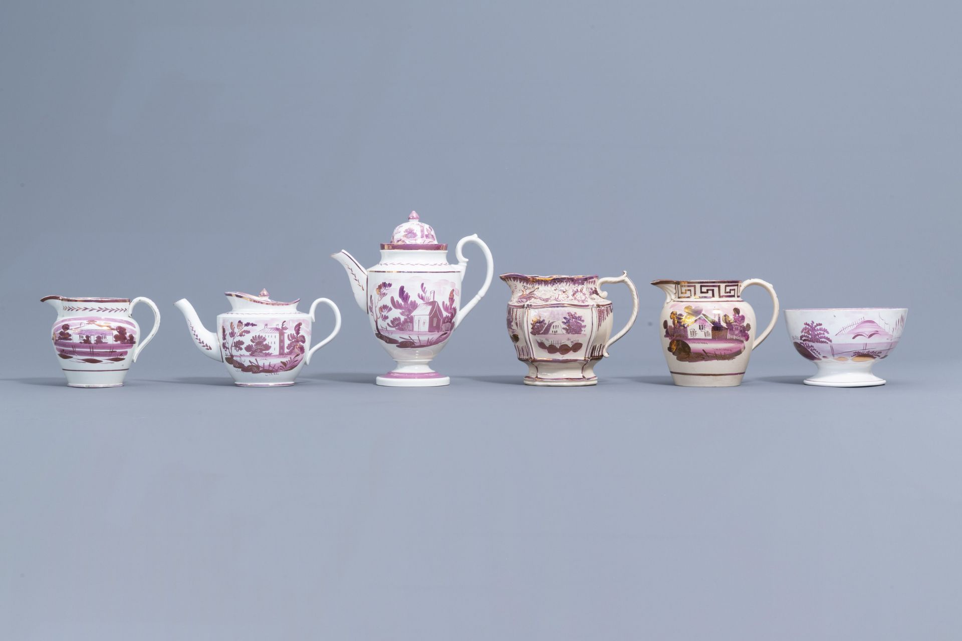 A varied collection of English pink lustreware items with a cottage in a landscape, 19th C. - Image 39 of 50