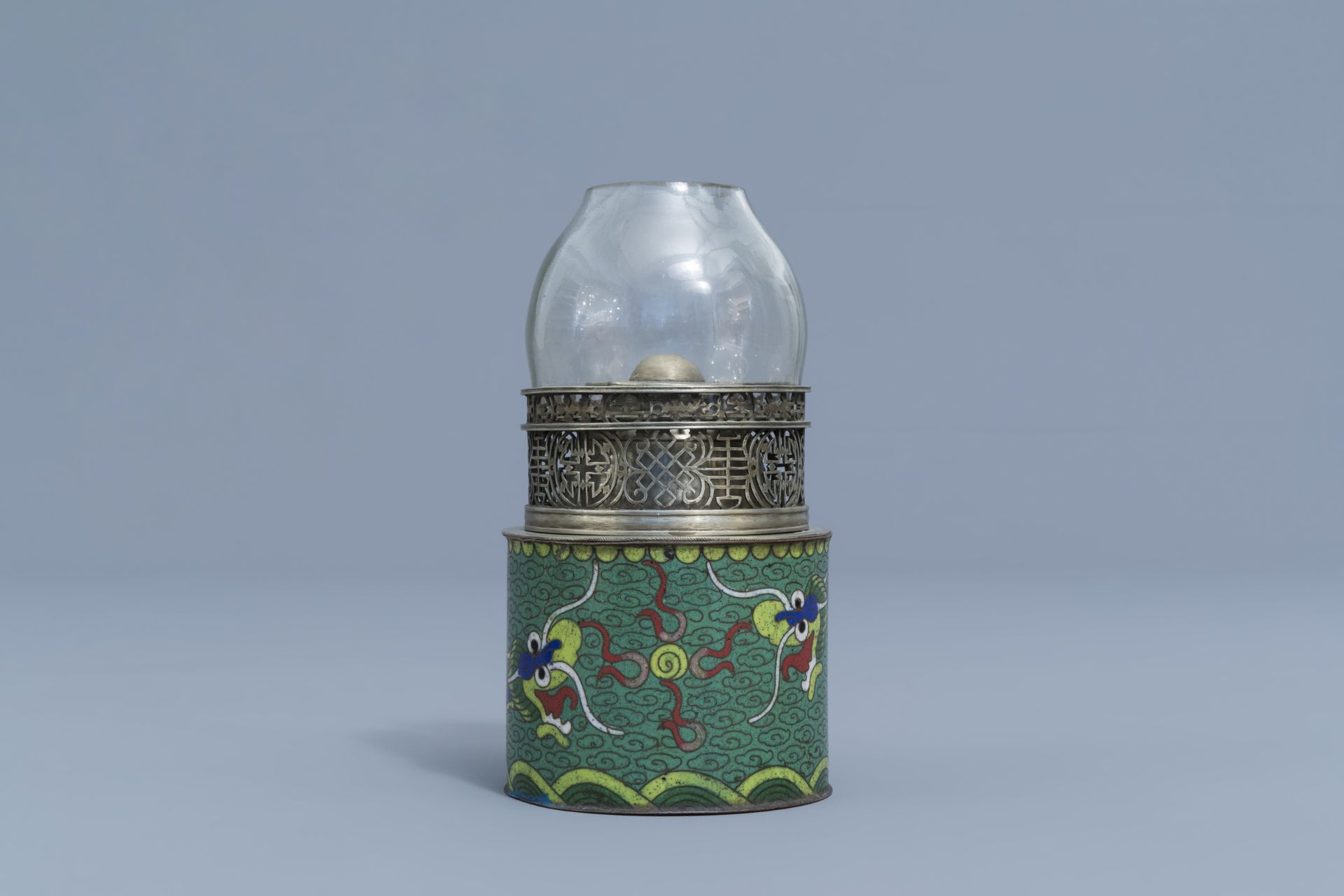 Two Chinese paktong and cloisonnŽ opium lamps with dragons and floral design, 19th C. - Image 2 of 17