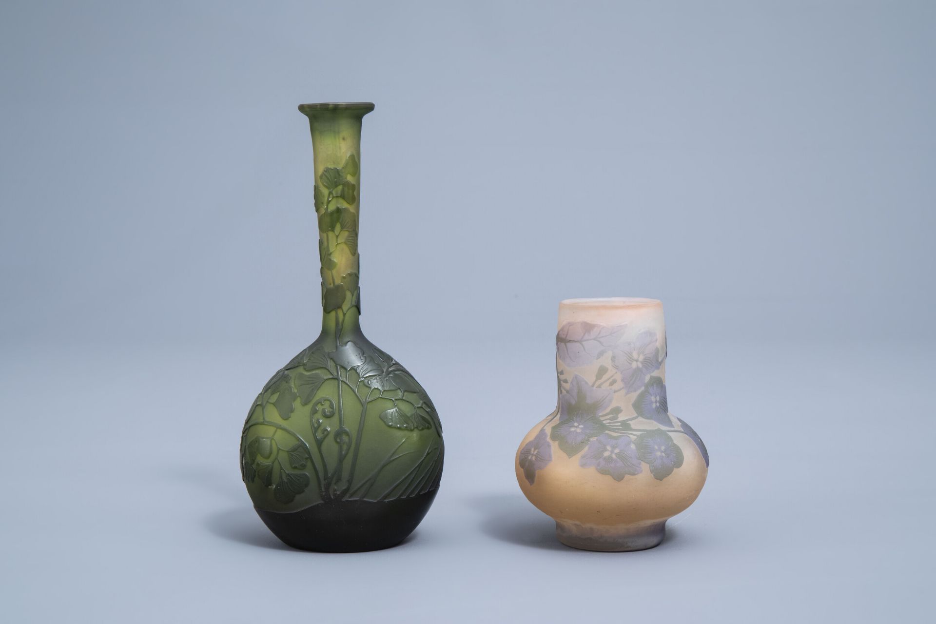 Emile GallŽ (1846-1904): Two cameo glass Art Nouveau vases with floral design, 20th C.