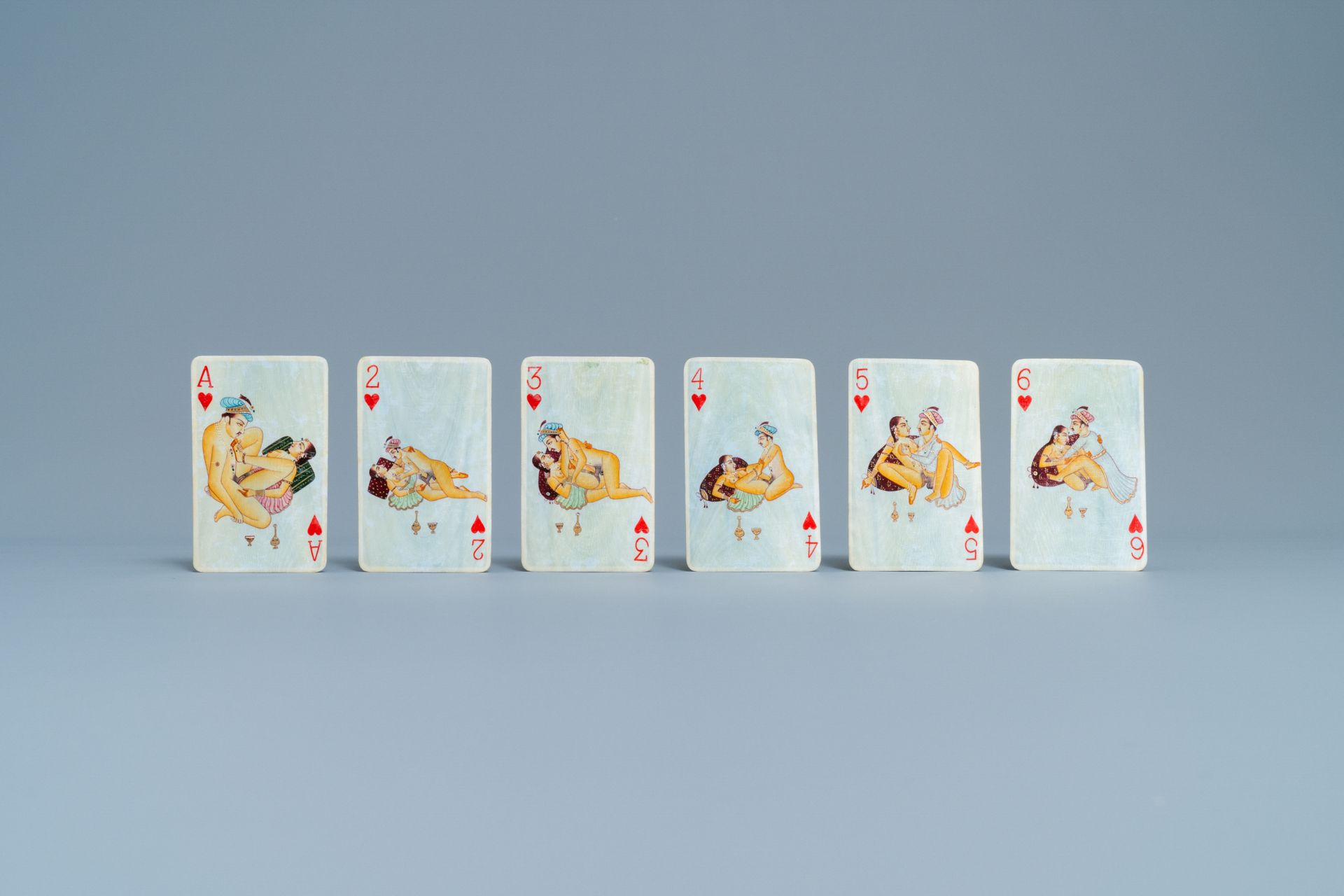 A complete playing cards set with erotic miniatures on ivory, India, early 20th C. - Image 6 of 17