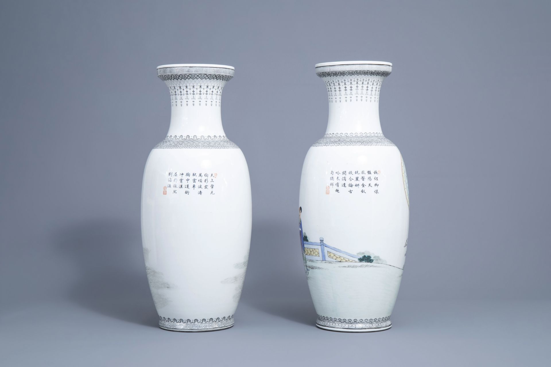 Two Chinese famille rose vases with Immortals and ladies, Qianlong mark, Republic, 20th C. - Image 3 of 6