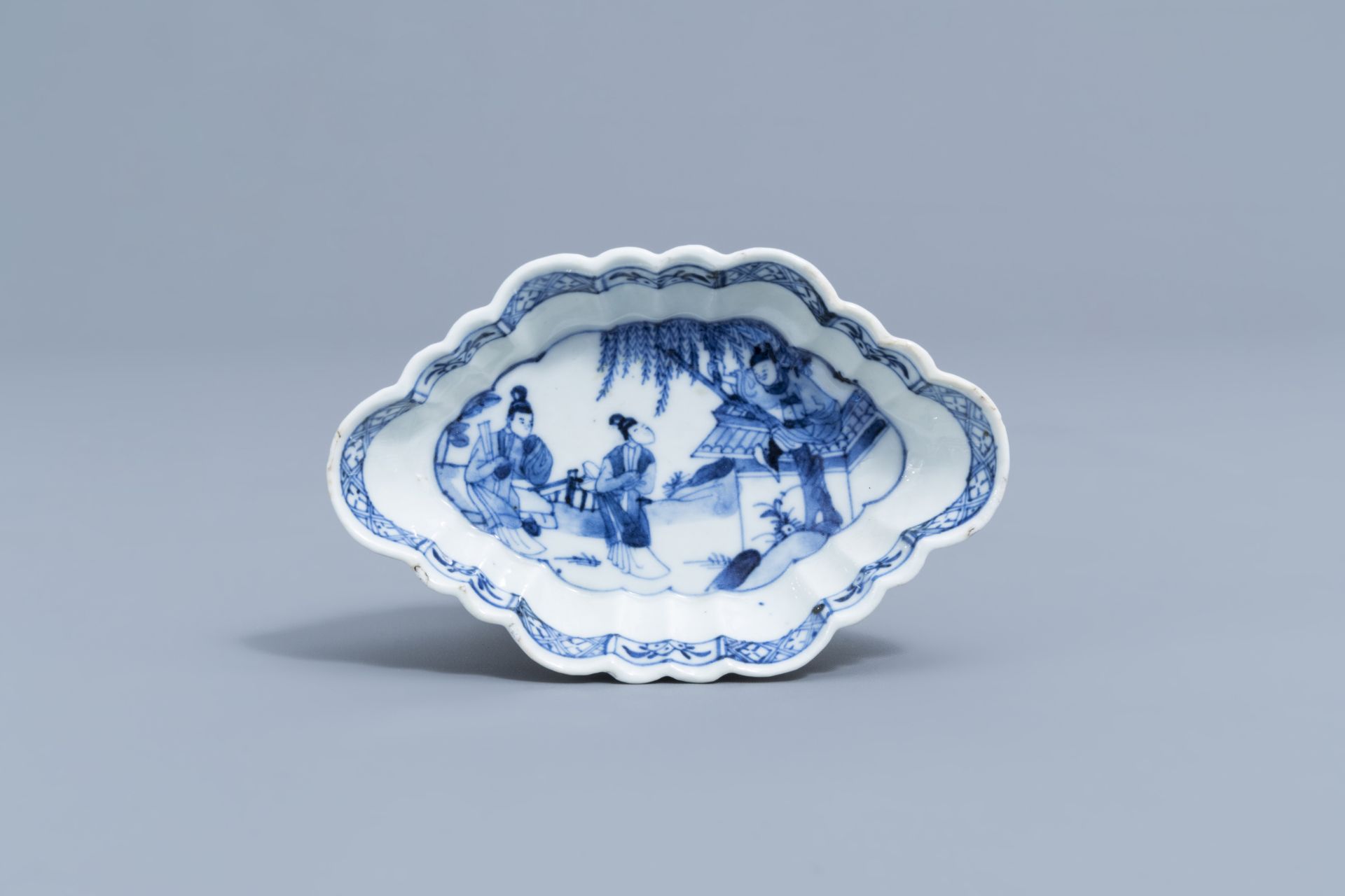 A Chinese blue and white salt and a 'Romance of the Western Chamber' spoon tray, Kangxi - Image 3 of 26