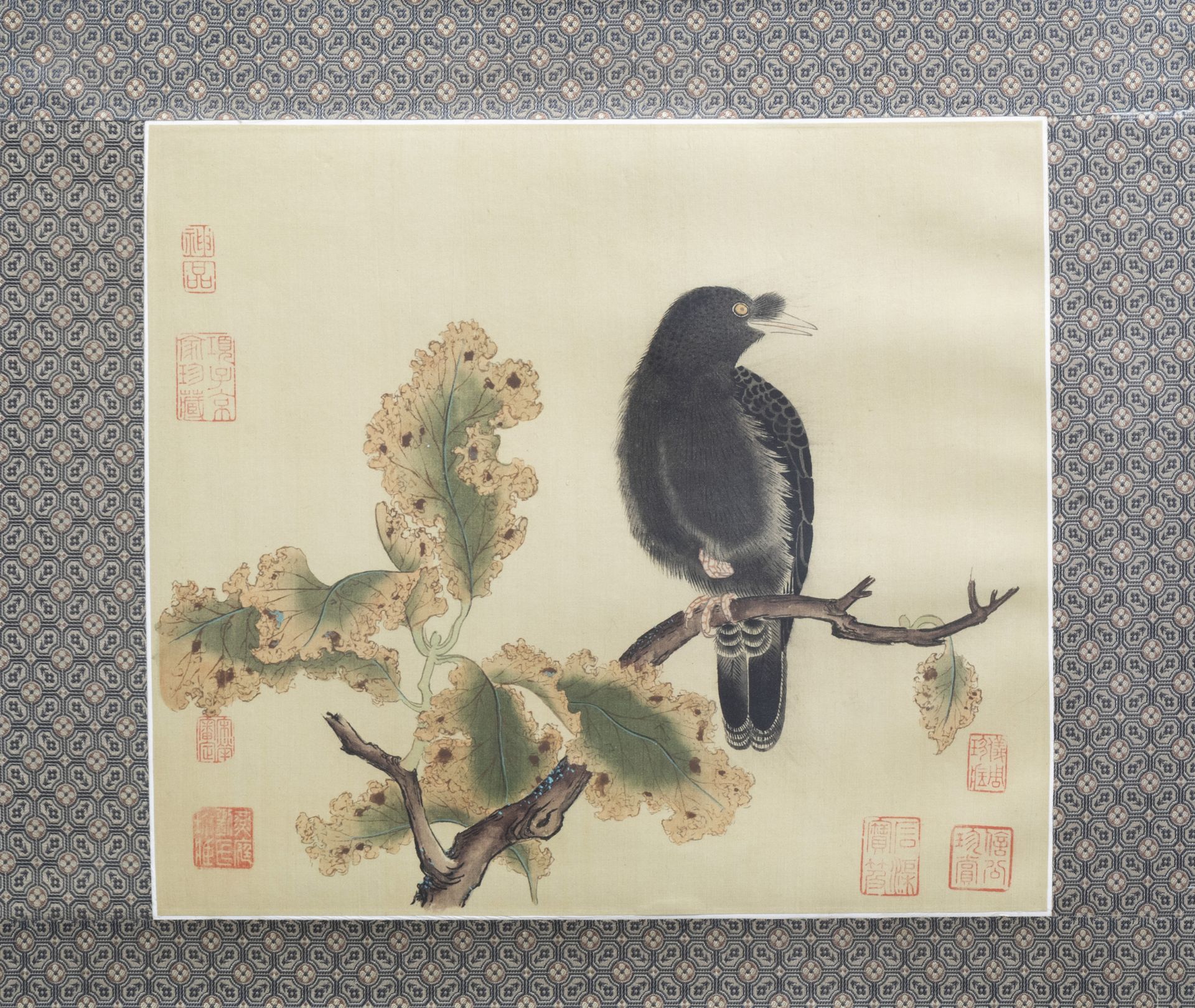 Chinese school, ink and colours on silk, 19th/20th C.: A bird on a branch - Image 5 of 9