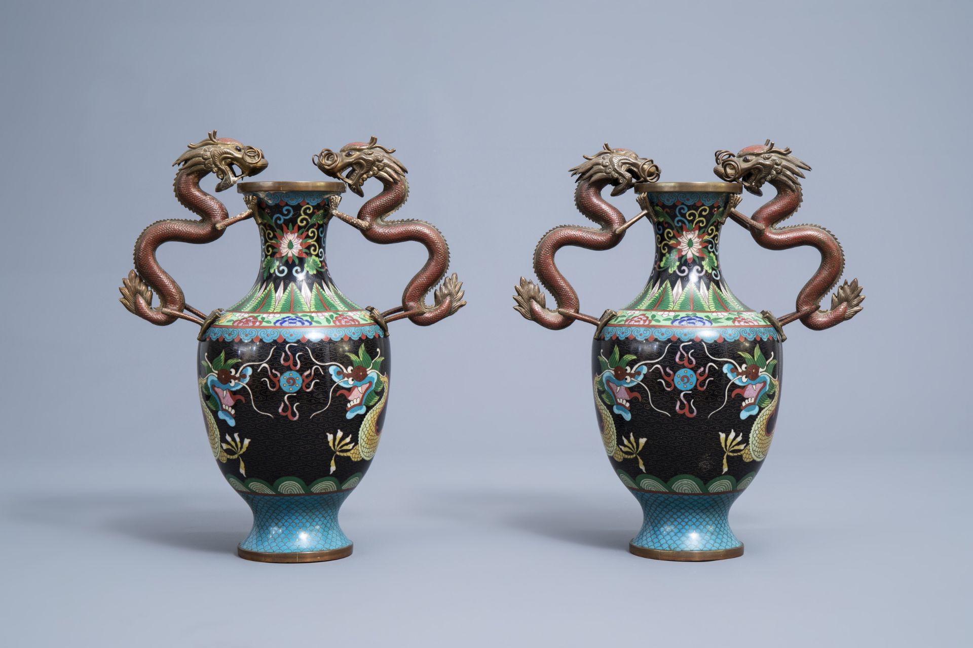 A Chinese cloisonne incense burner and two pairs of vases with dragon design, 20th C. - Image 2 of 19