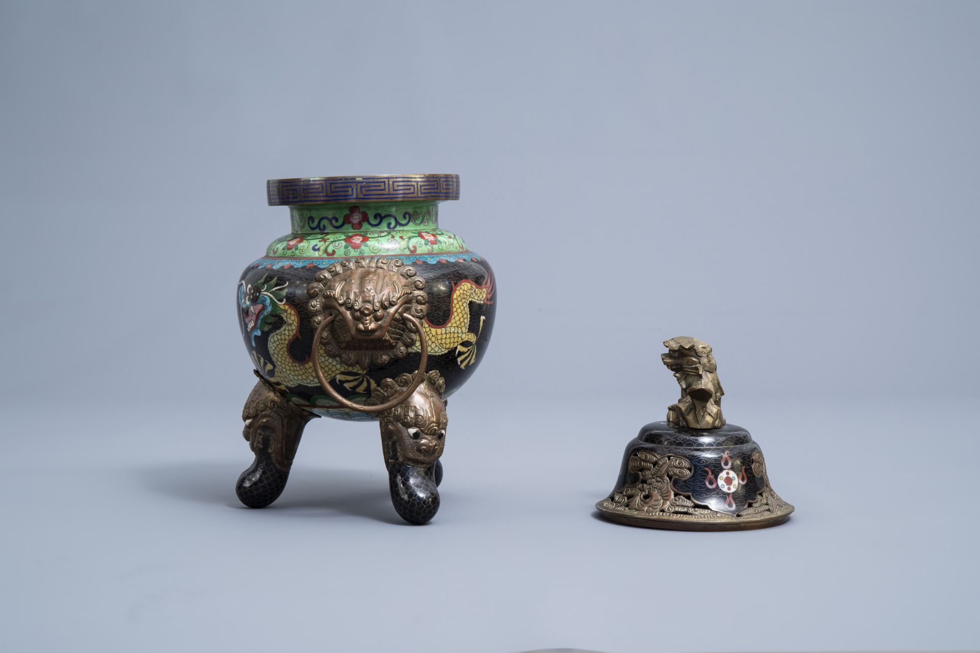 A Chinese cloisonne incense burner and two pairs of vases with dragon design, 20th C. - Image 11 of 19