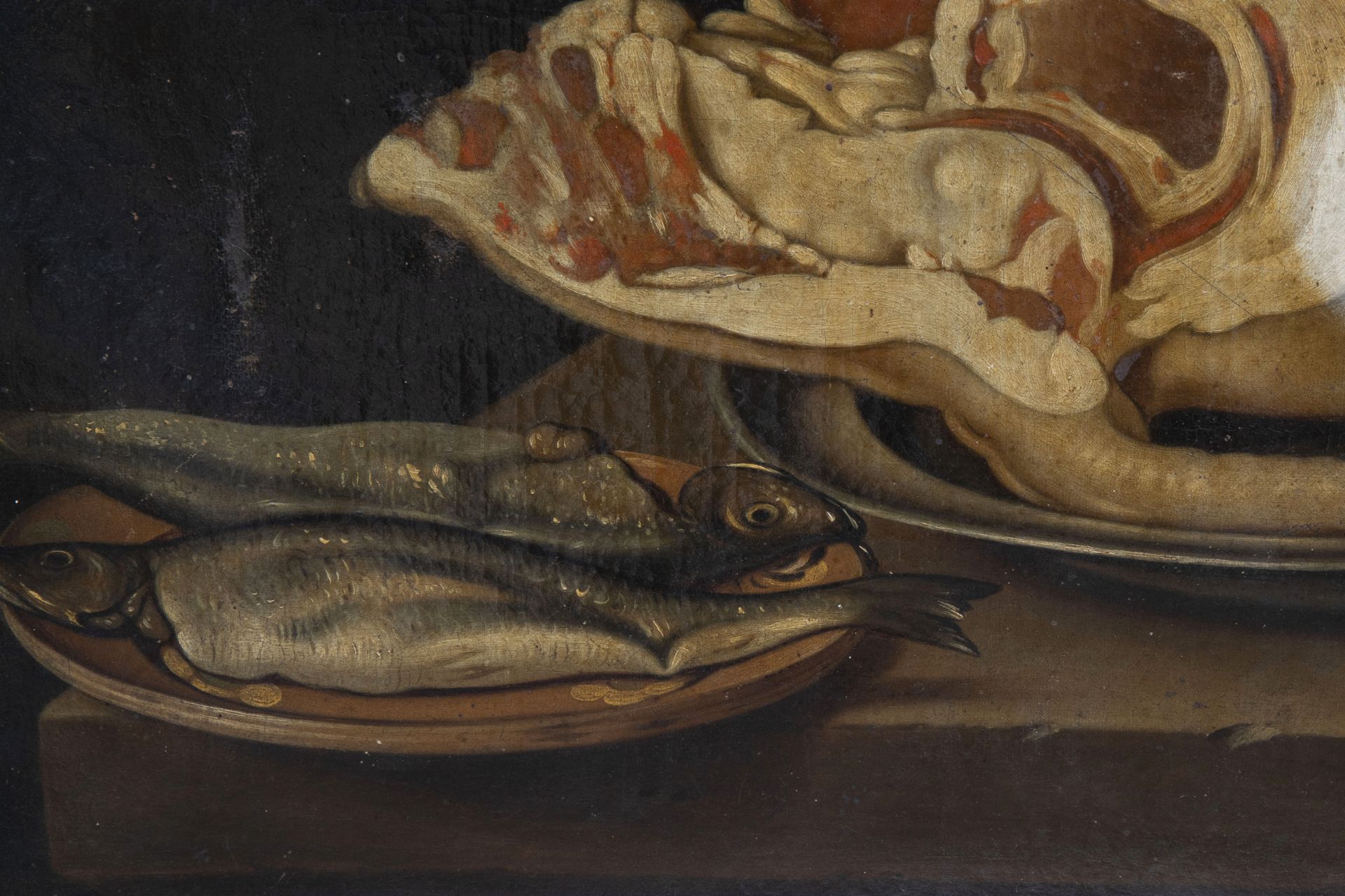 German school: Still life with fish, meat, vegetables and crockery, oil on canvas, 18th C. - Image 4 of 6
