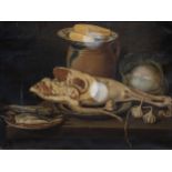 German school: Still life with fish, meat, vegetables and crockery, oil on canvas, 18th C.