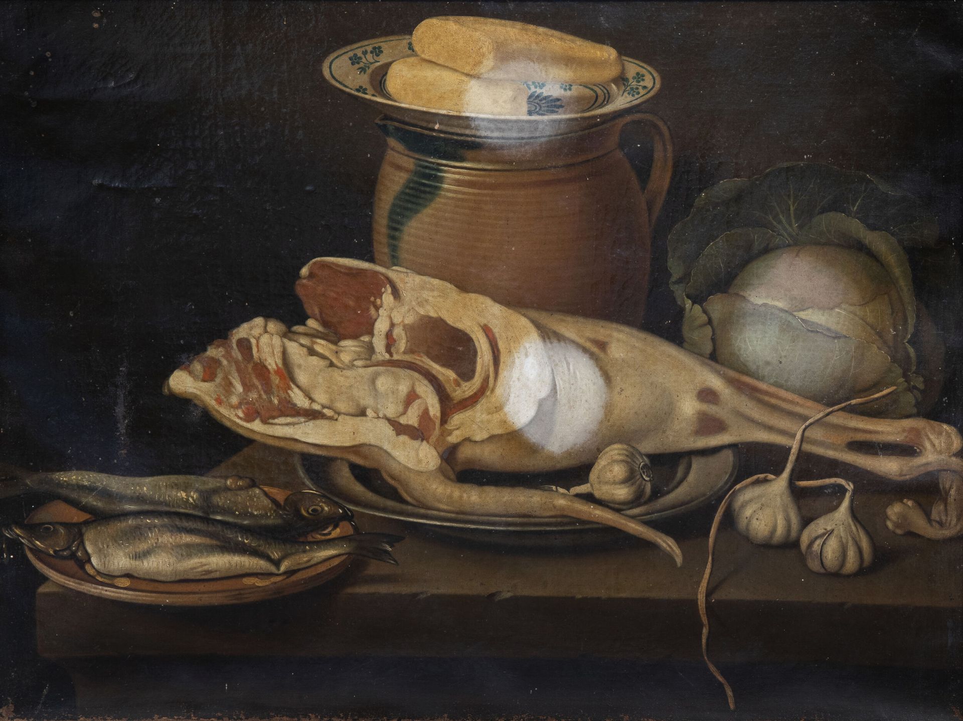 German school: Still life with fish, meat, vegetables and crockery, oil on canvas, 18th C.
