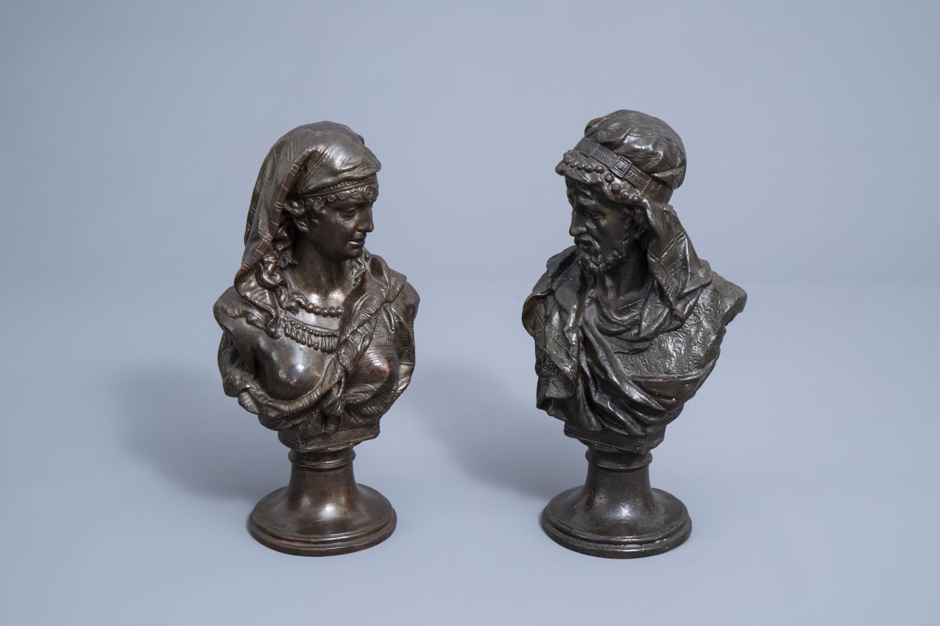 Johannes Boese (1856-1917, after): A pair of busts of a Moorish man and woman, copper alloy, dated 1