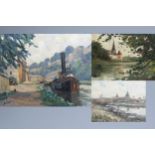 Belgian school: Three views on the Meuse, oil on panel and board, 20th C.