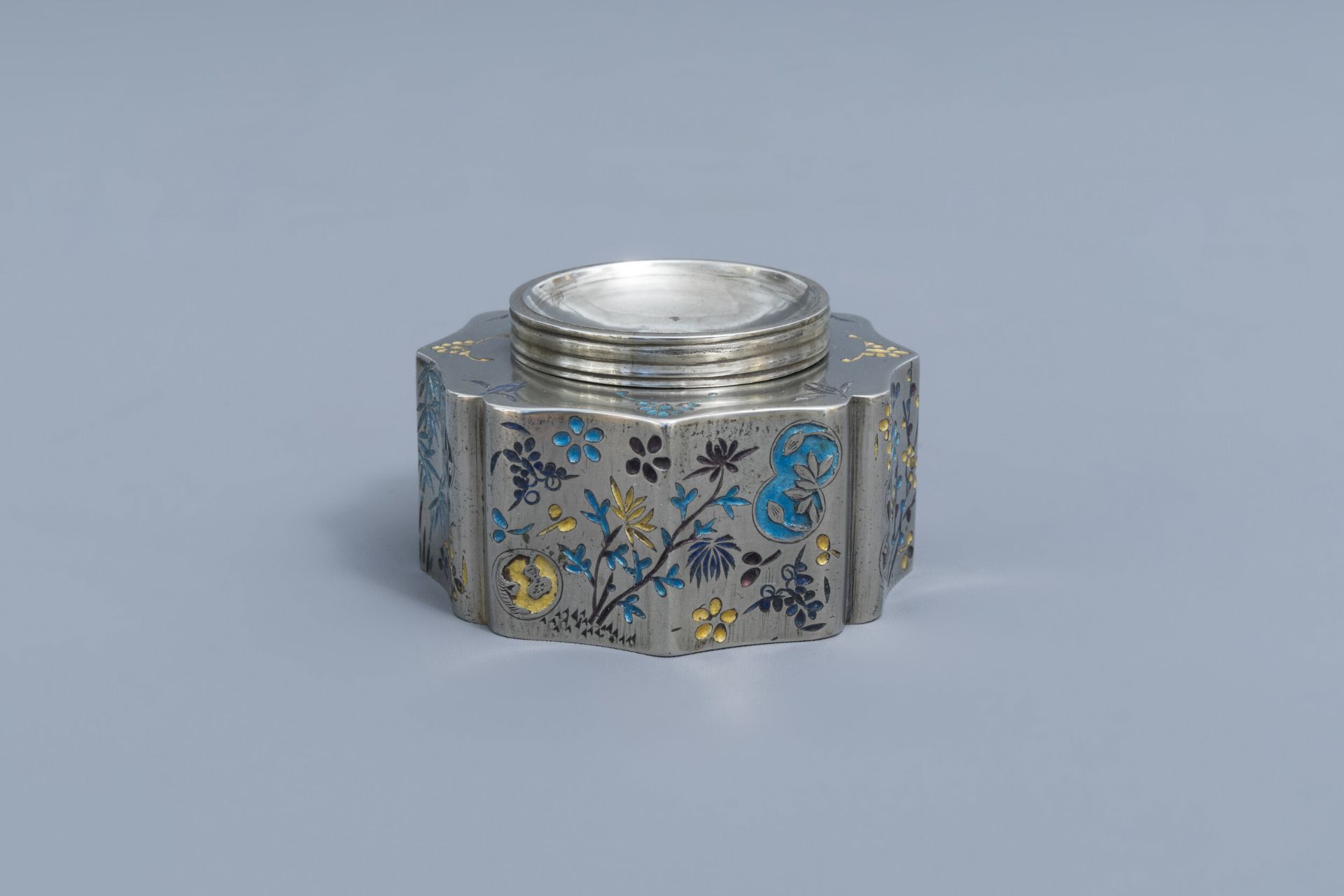 A rare Chinese enamelled paktong spittoon, 19th C.