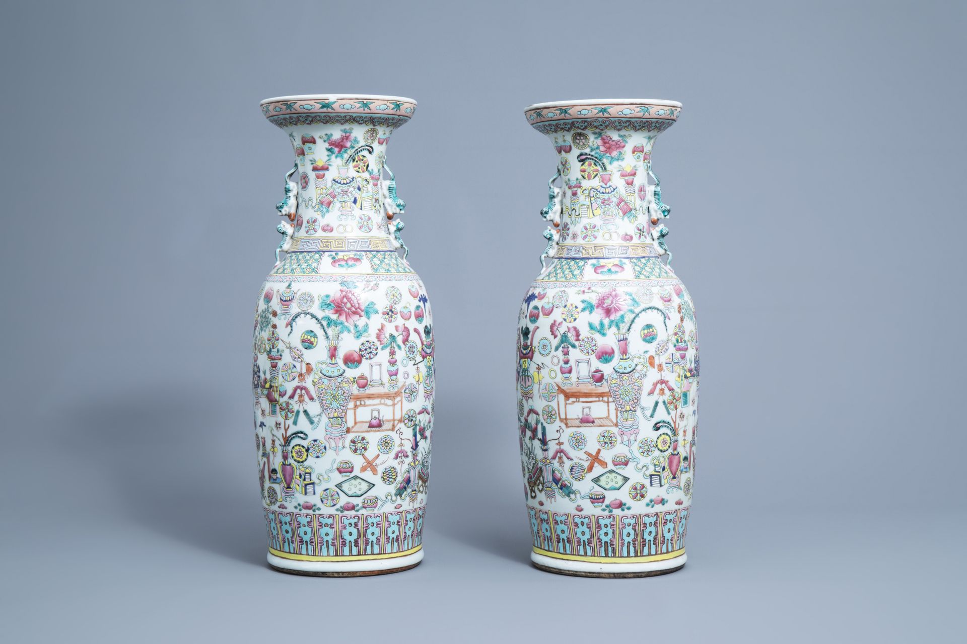 A pair of Chinese famille rose vases with antiquities design, 19th C. - Image 3 of 6