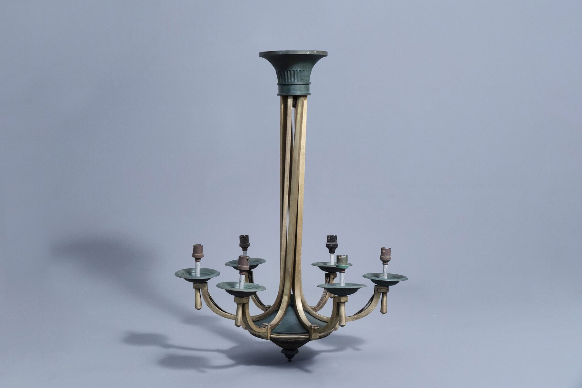 A French Petitot Art Deco gilt and patinated three-light chandelier, first half of the 20th C.