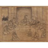 Indian school, white and gilt-heightened pencil on paper: a miniature with a ceremony, 19th/20th C.
