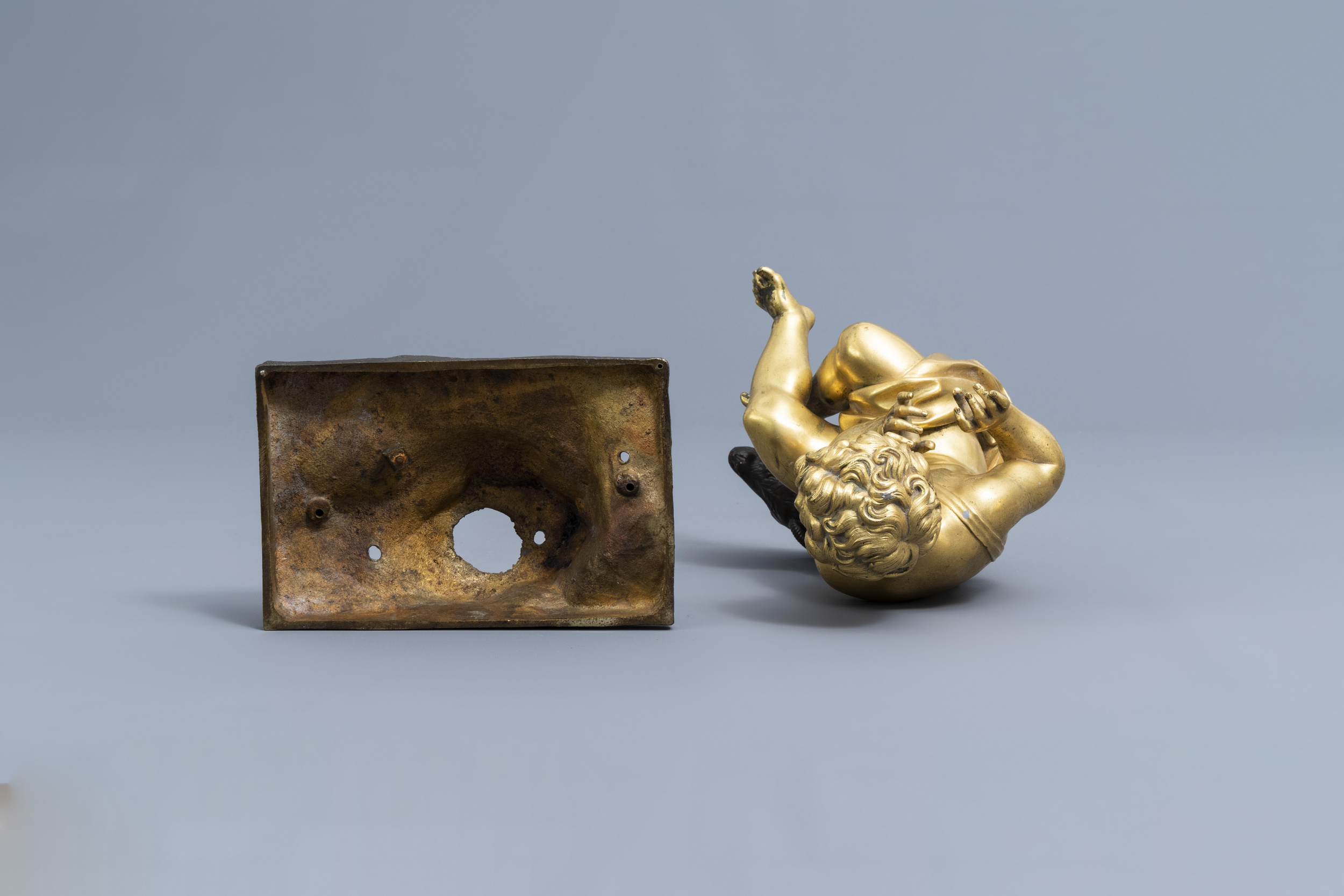 French school: A flute player with a goat, gilt and patinated bronze on a gilt mounted wooden base, - Image 7 of 13