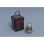 A Chinese paktong opium lamp and its wooden box, 19th C.