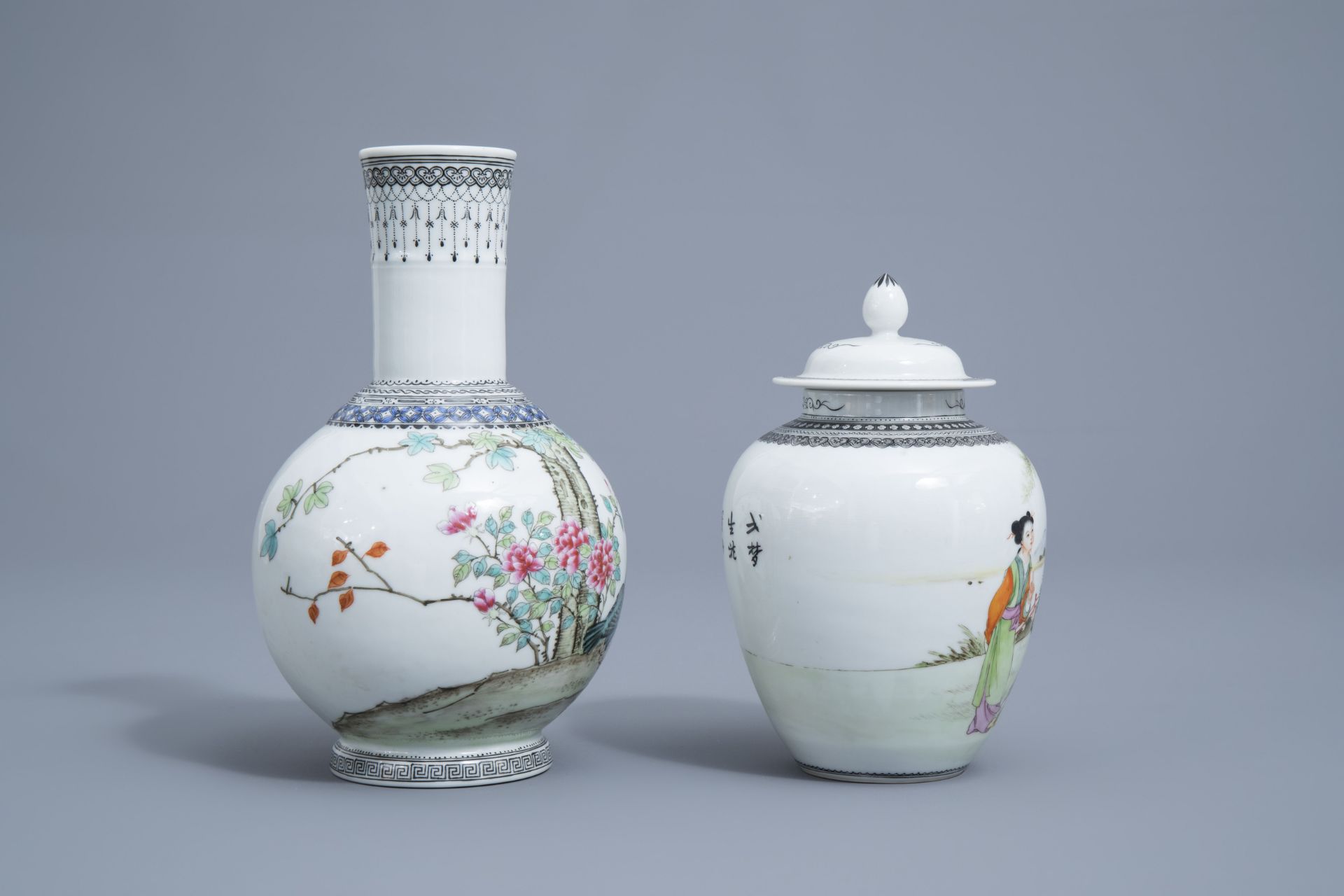 A Chinese famille rose vase with pigeons and a vase and cover with ladies, Republic, 20th C. - Image 2 of 6