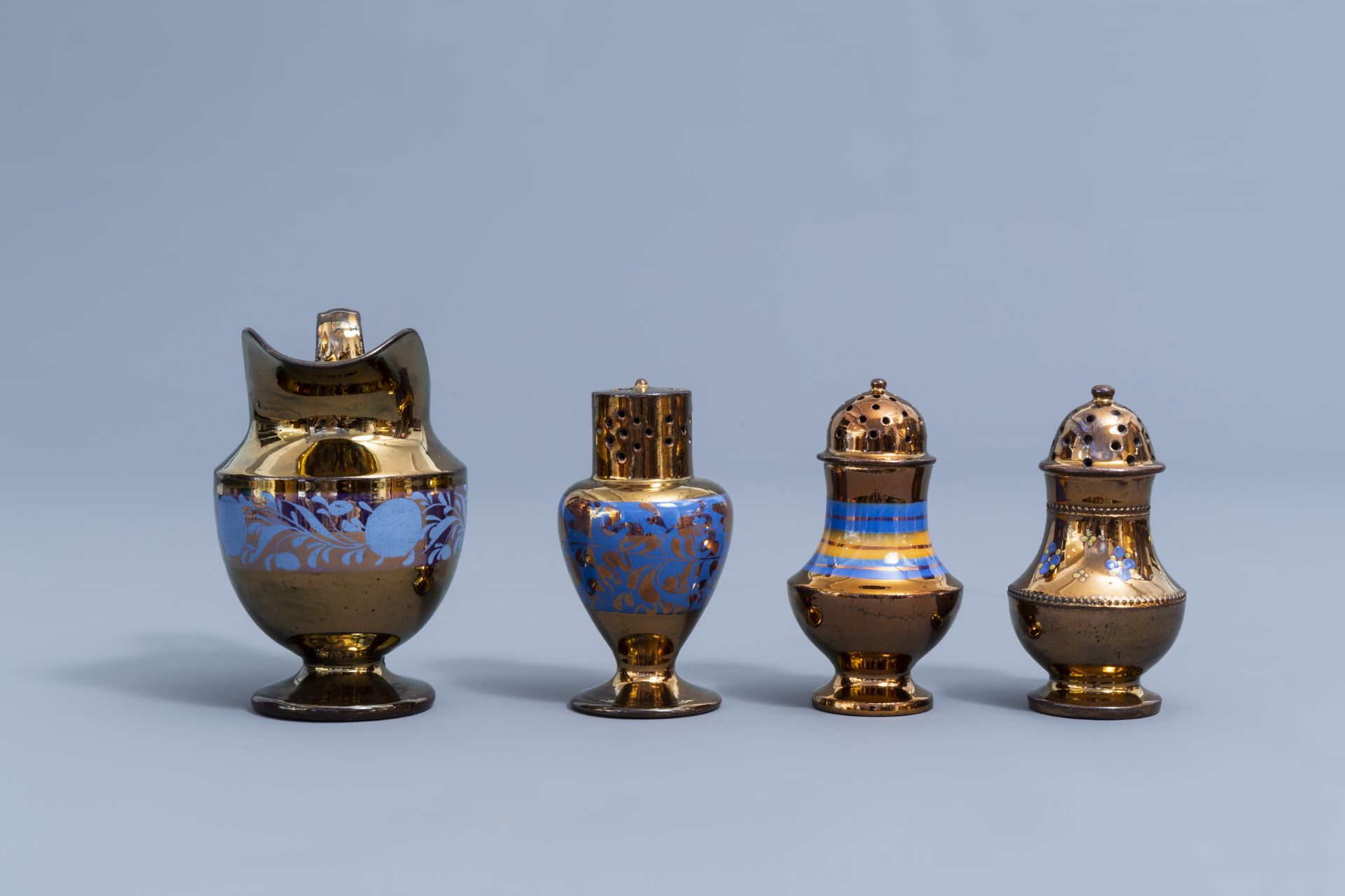 A varied collection of English lustreware items with blue design, 19th C. - Image 10 of 50