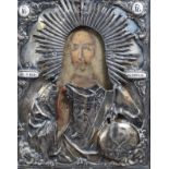 A Russian 'Christ Pantocrator' icon with silver and enamel riza, 19th C.