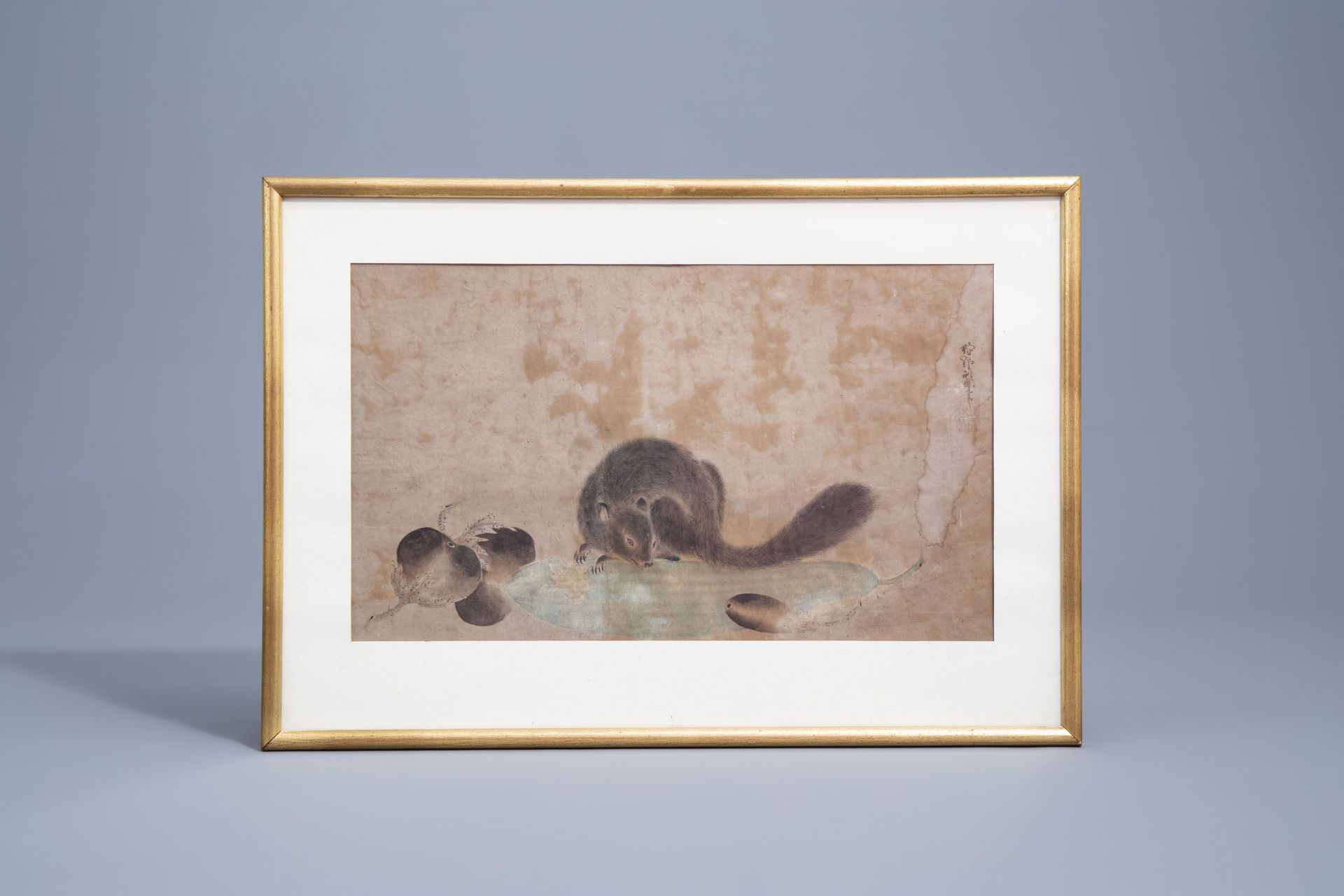Japanese school, ink and colours on paper, Meiji, 19th C.: A squirrel with vegetables - Image 2 of 4