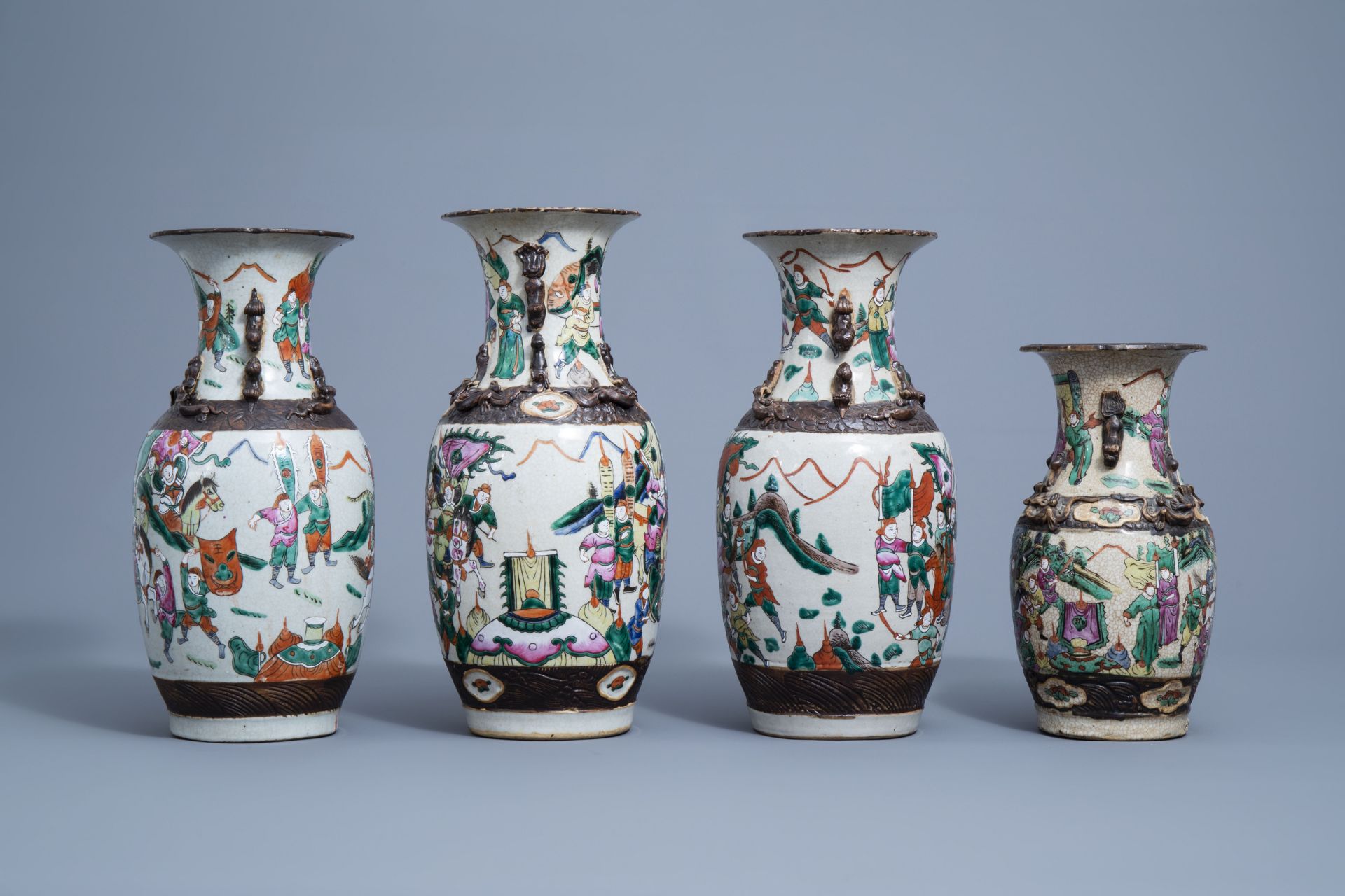 Seven various Chinese Nanking crackle glazed famille rose and verte vases, 19th/20th C. - Image 3 of 13