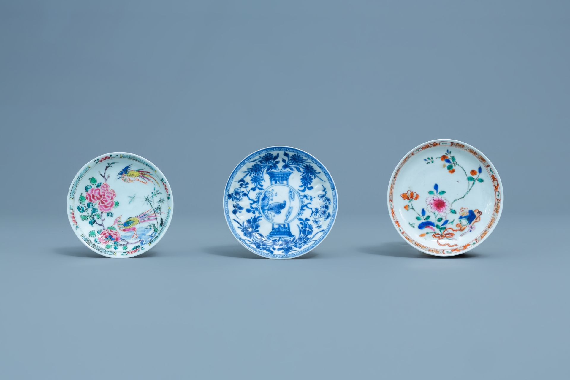 Three Chinese blue, white and famille rose cups and three saucers, Kangxi and later - Image 4 of 18