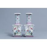 A pair of square Chinese famille rose bottle vases with ladies, Qianlong mark, 20th C.