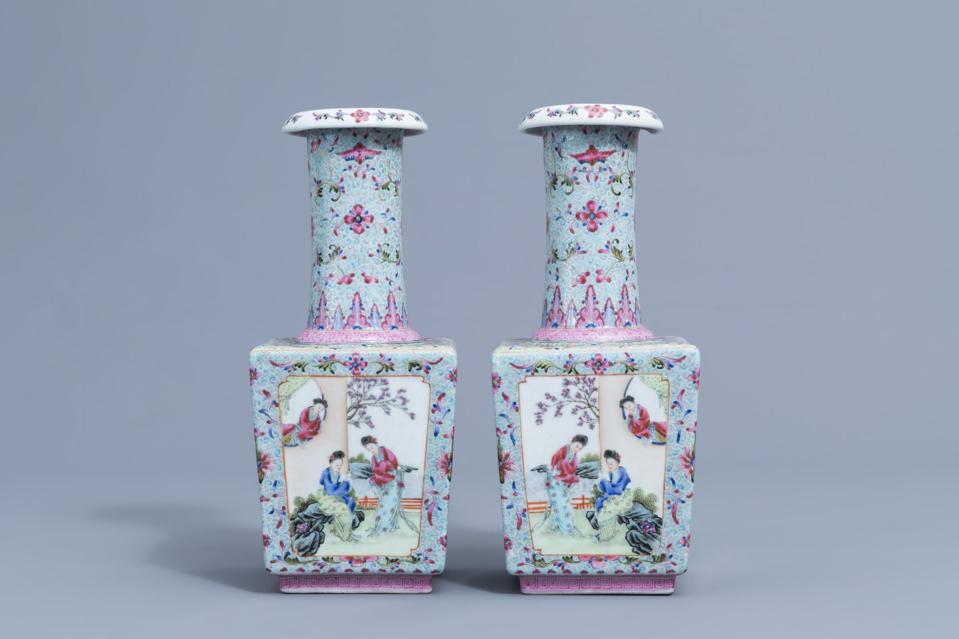 A pair of square Chinese famille rose bottle vases with ladies, Qianlong mark, 20th C.