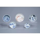 Four various Chinese blue, white and famille rose saucers and a bowl, Wanli/Qianlong