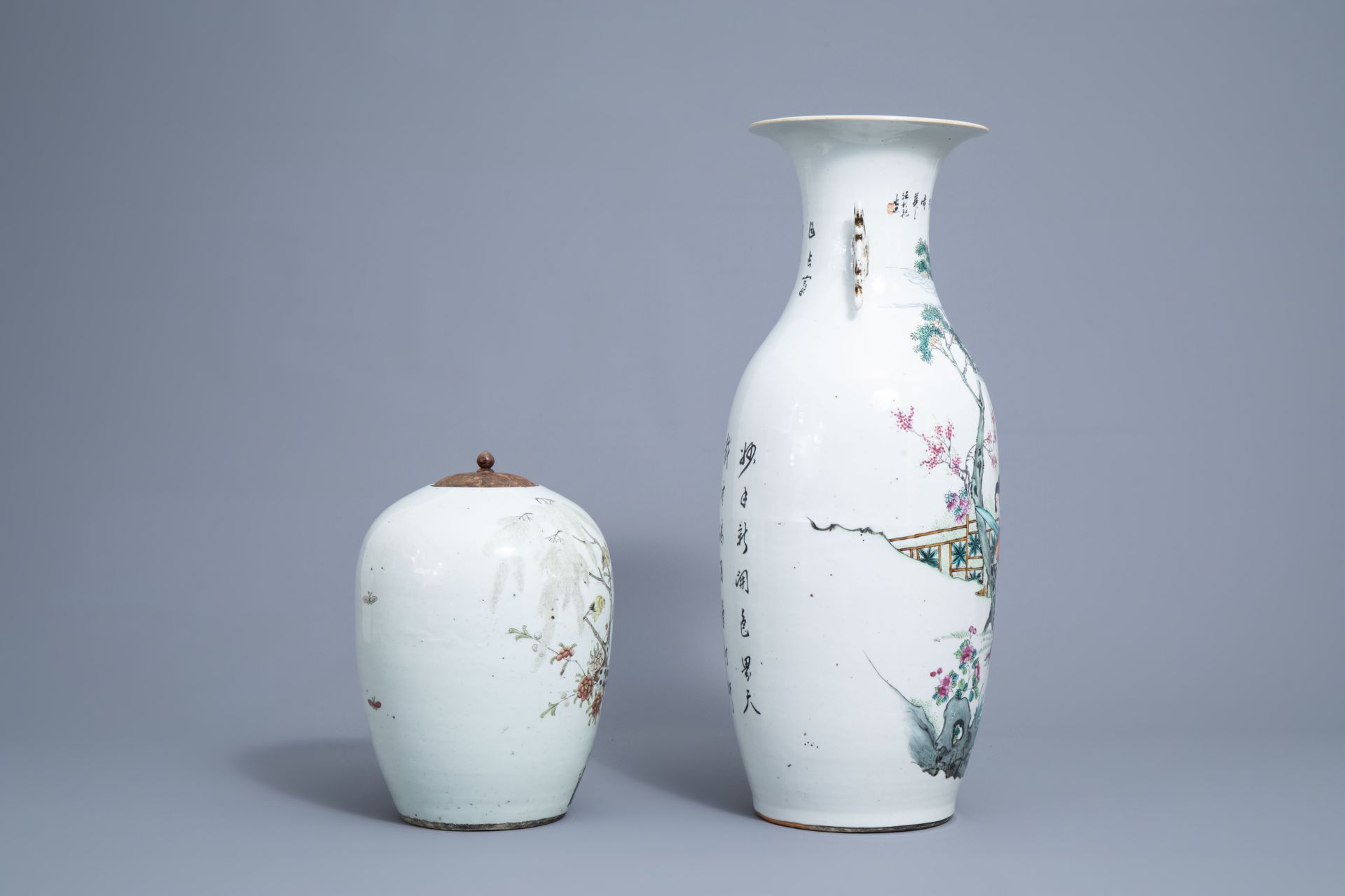 A Chinese famille rose vase with ladies and a ginger jar with birds among branches, 19th/20th C. - Image 2 of 8