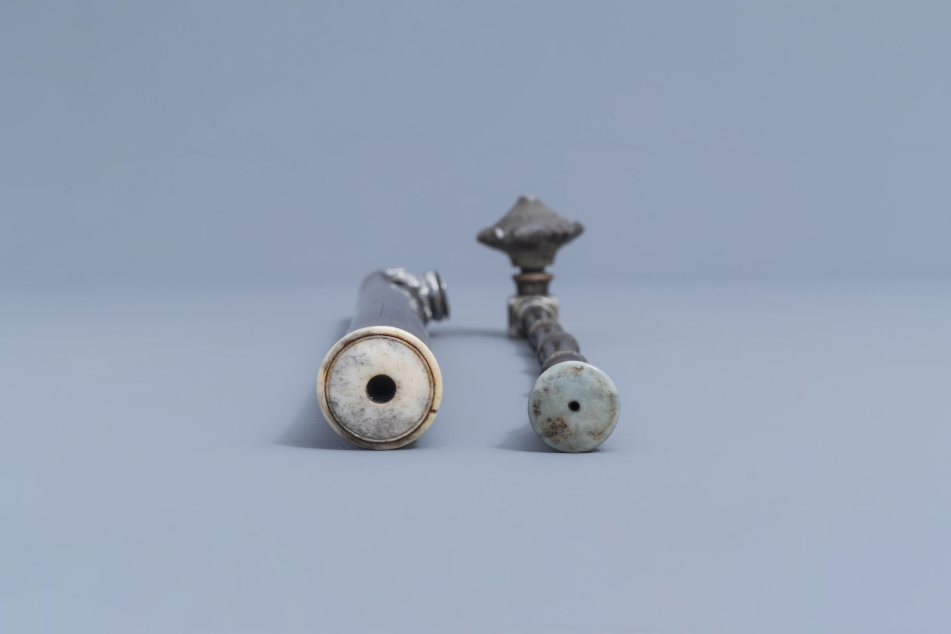 Two Chinese bamboo opium pipes finished with silver, jade, ivory and stoneware, 19th C. - Image 7 of 8