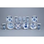Six Dutch Delft blue and white vases and six plates, 18th C.