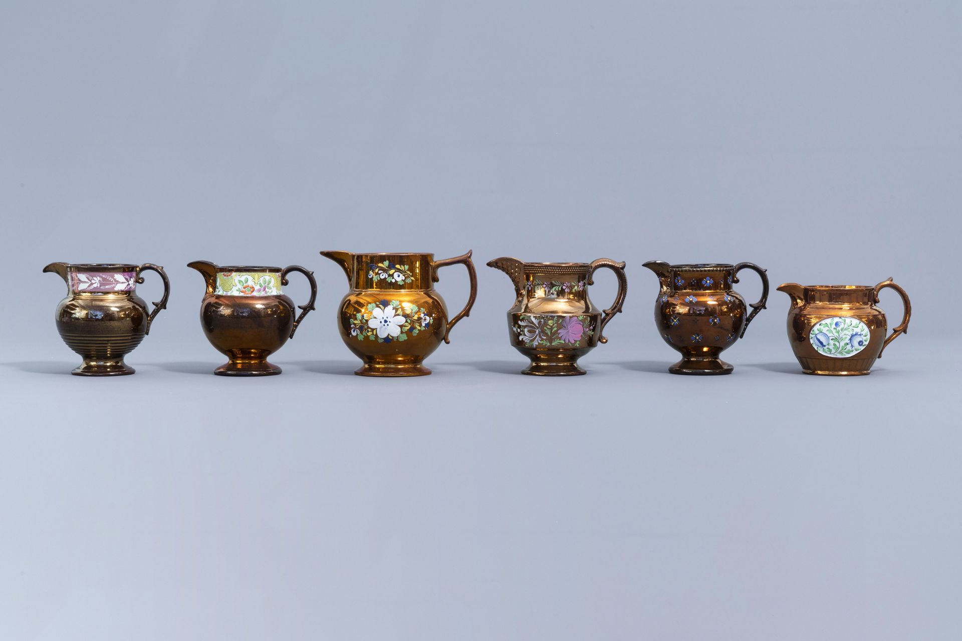 A varied collection of English lustreware items with polychrome floral design, 19th C. - Image 44 of 50