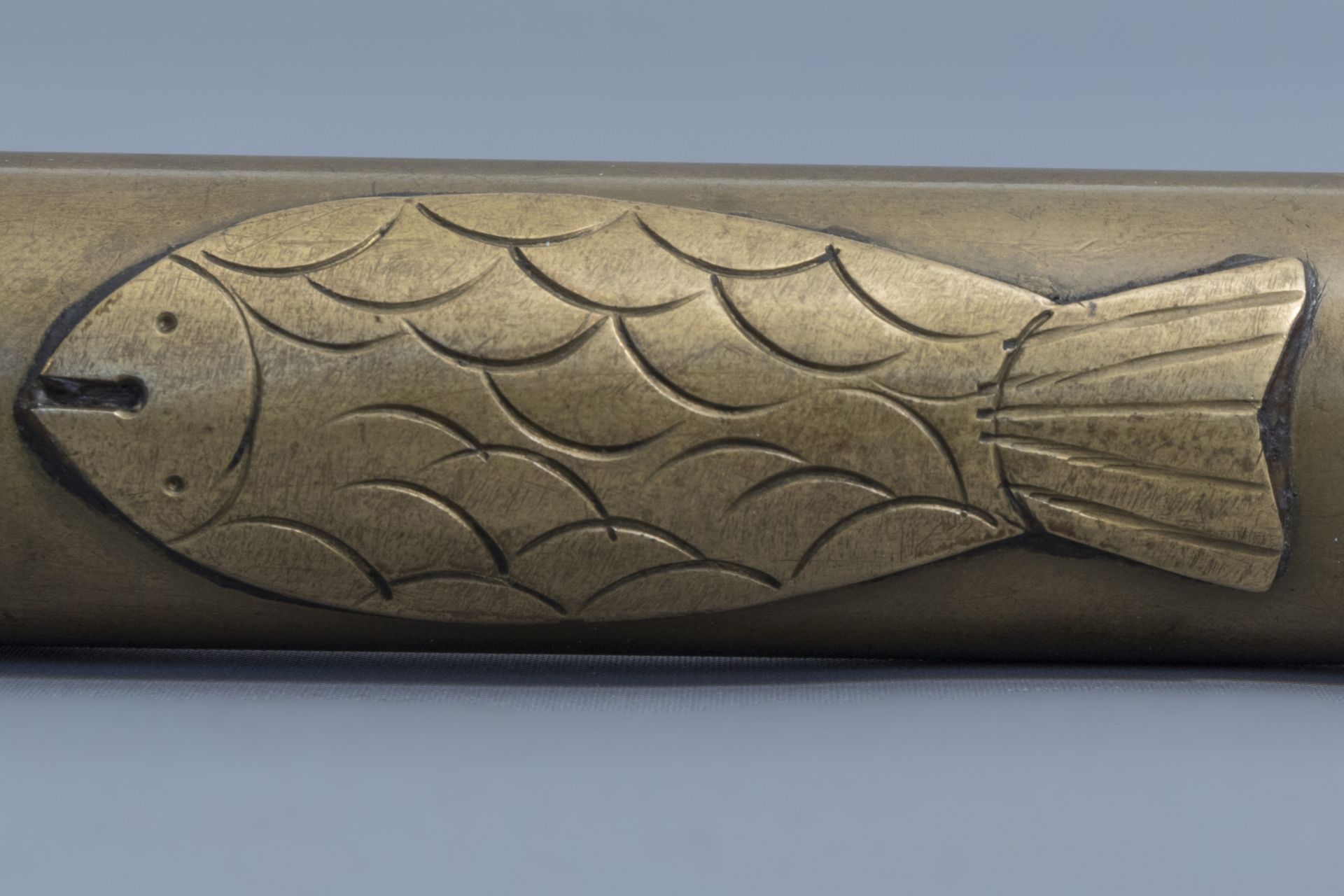 Two Chinese bamboo opium pipes finished with brass, jade, ivory and stoneware, ca. 1900 - Image 14 of 18