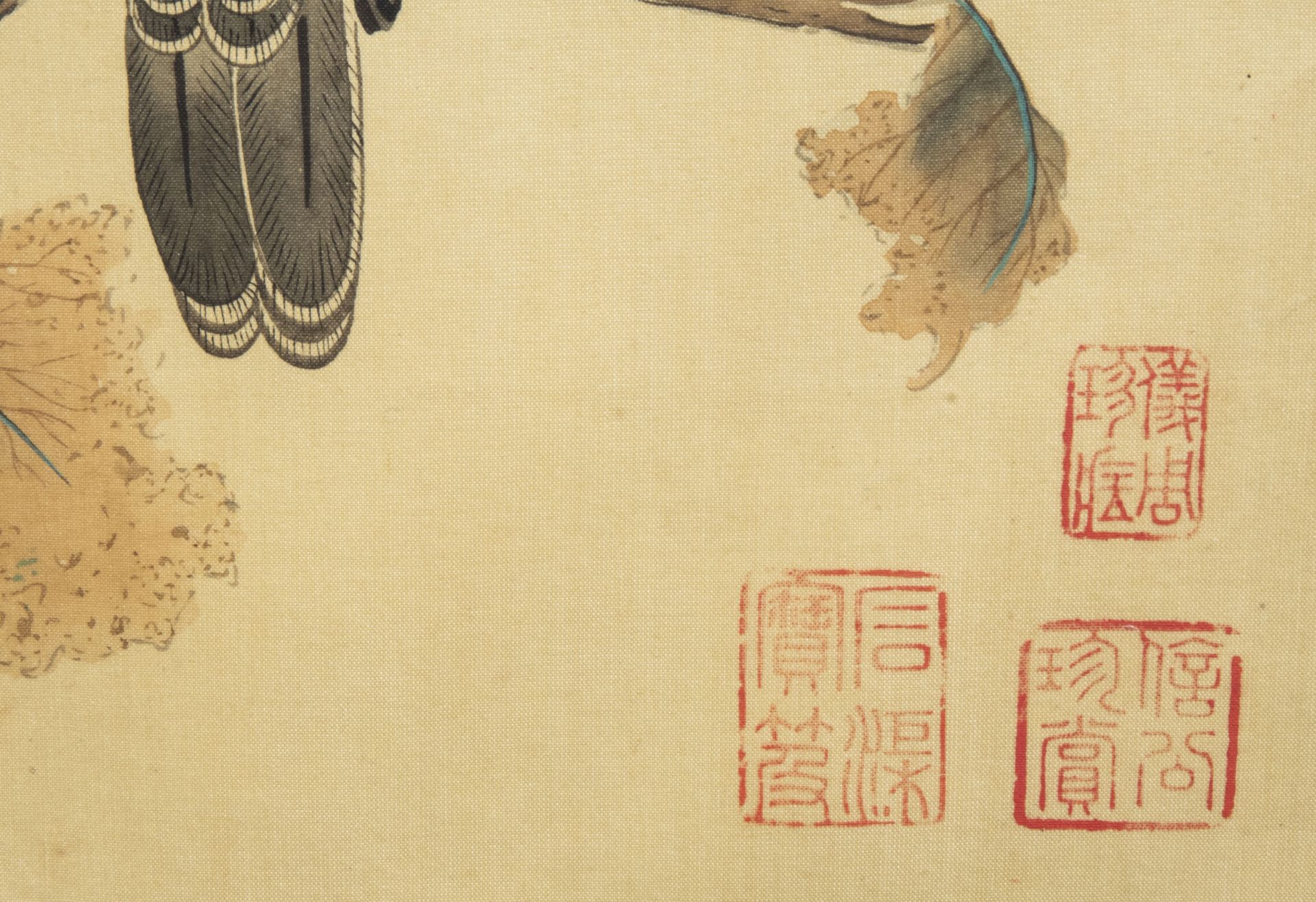 Chinese school, ink and colours on silk, 19th/20th C.: Ten paintings of birds between blossoms - Image 37 of 62