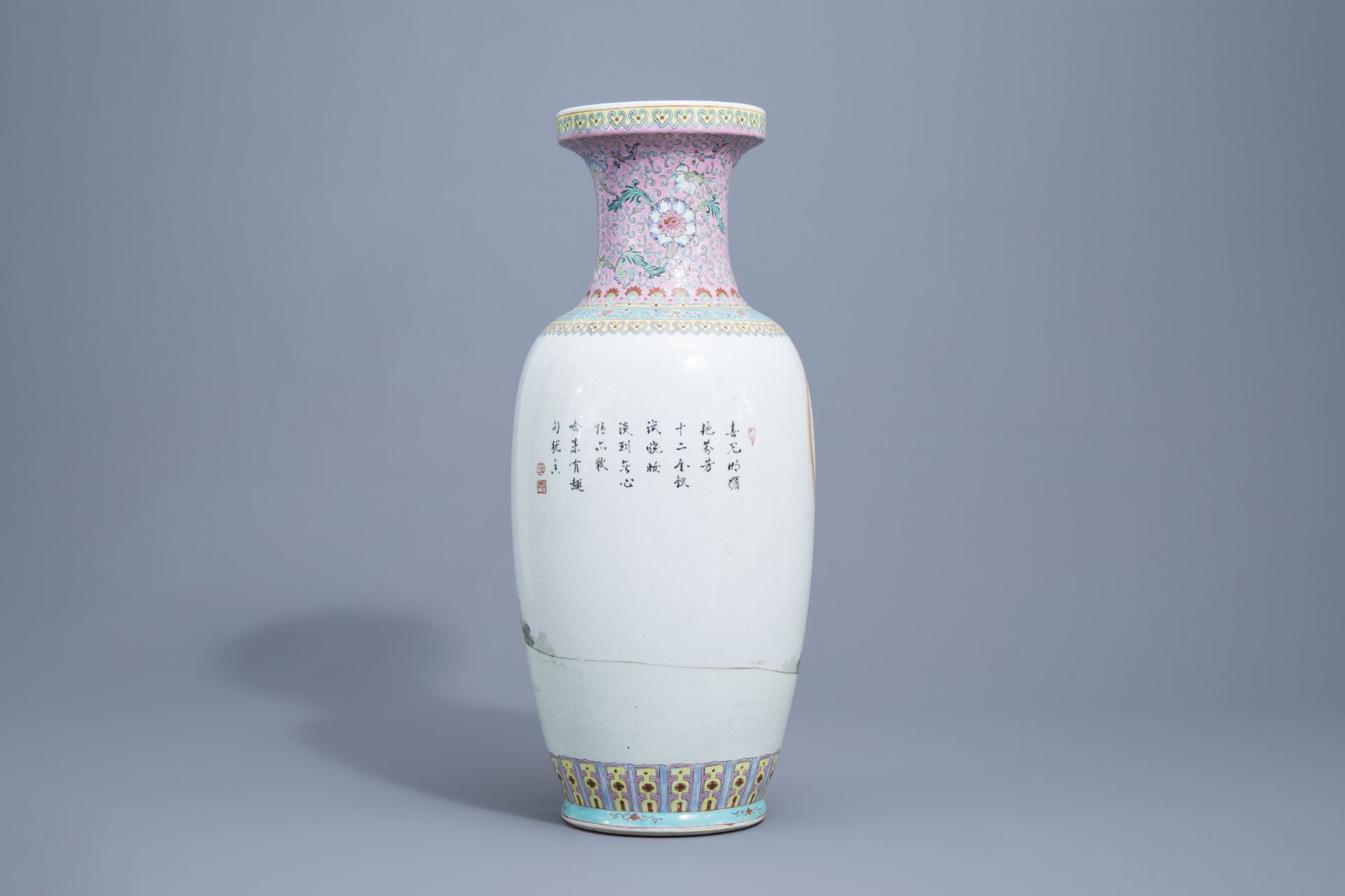 A varied collection of nine Chinese famille rose vases, 20th C. - Image 17 of 20