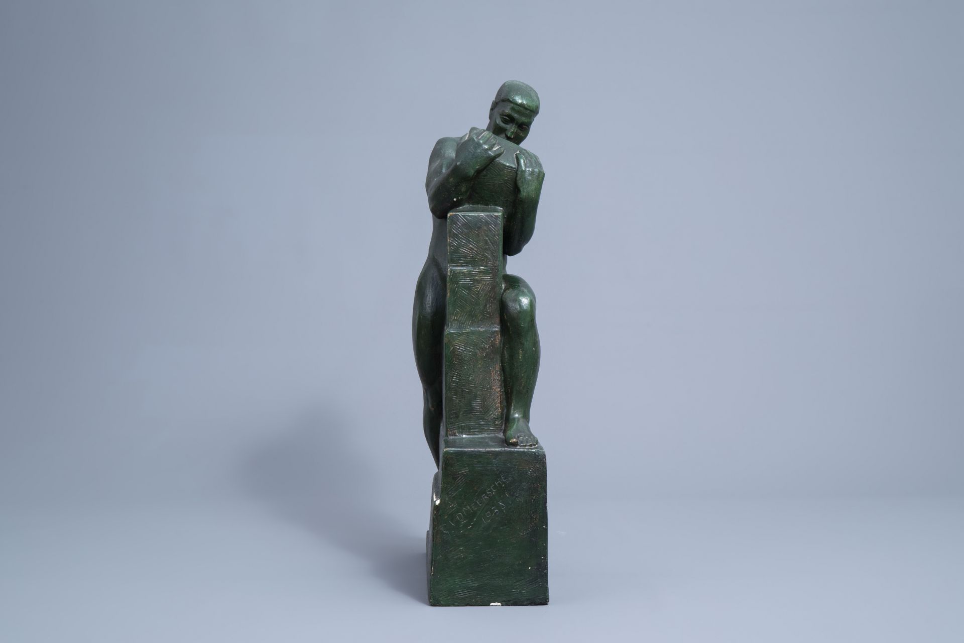 Gustave Van den Meersche (1891-1970): The constructor, green patinated plaster, dated 1938 - Image 5 of 8