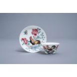 A Chinese famille rose 'rooster' cup and saucer, Yongzheng