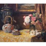 N. Lemaire (19th/20th C.): Interior with flowers, a tea set and a samovar, oil on canvas