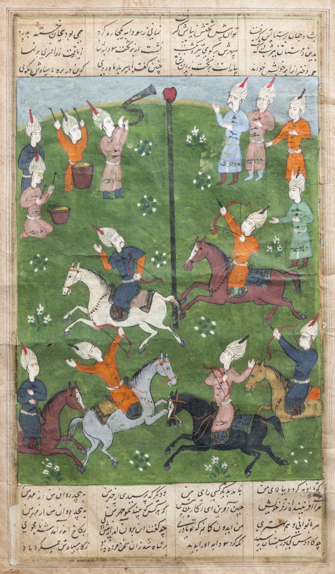 Six large Persian miniature paintings depicting hunting, tournament and war, Iran, 19th/20th C. - Image 5 of 10