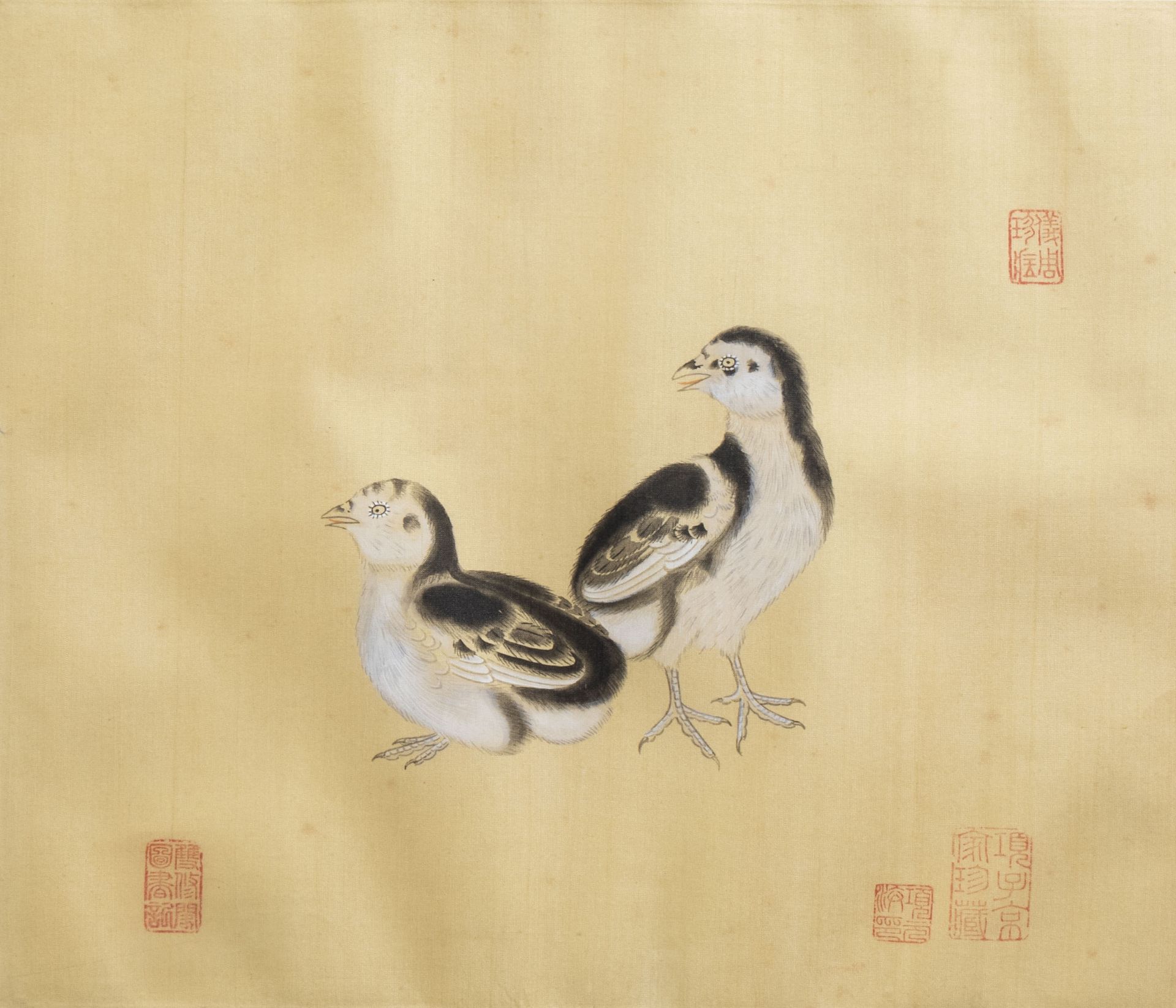 Chinese school, ink and colours on silk, 19th/20th C.: Ten paintings of birds between blossoms - Image 3 of 62