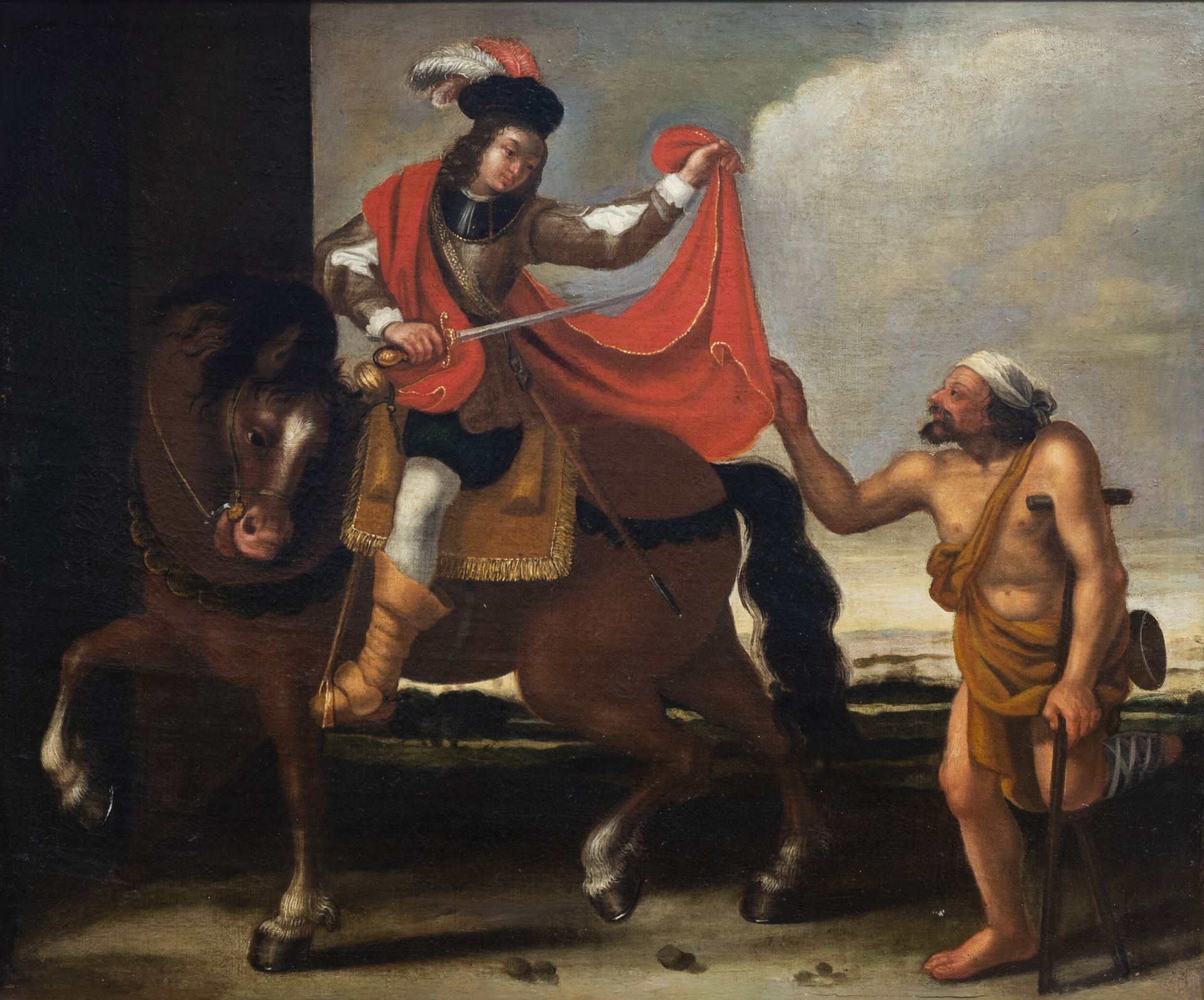 Flemish school: Saint Marten dividing his cloak, oil on canvas, 17th C.
