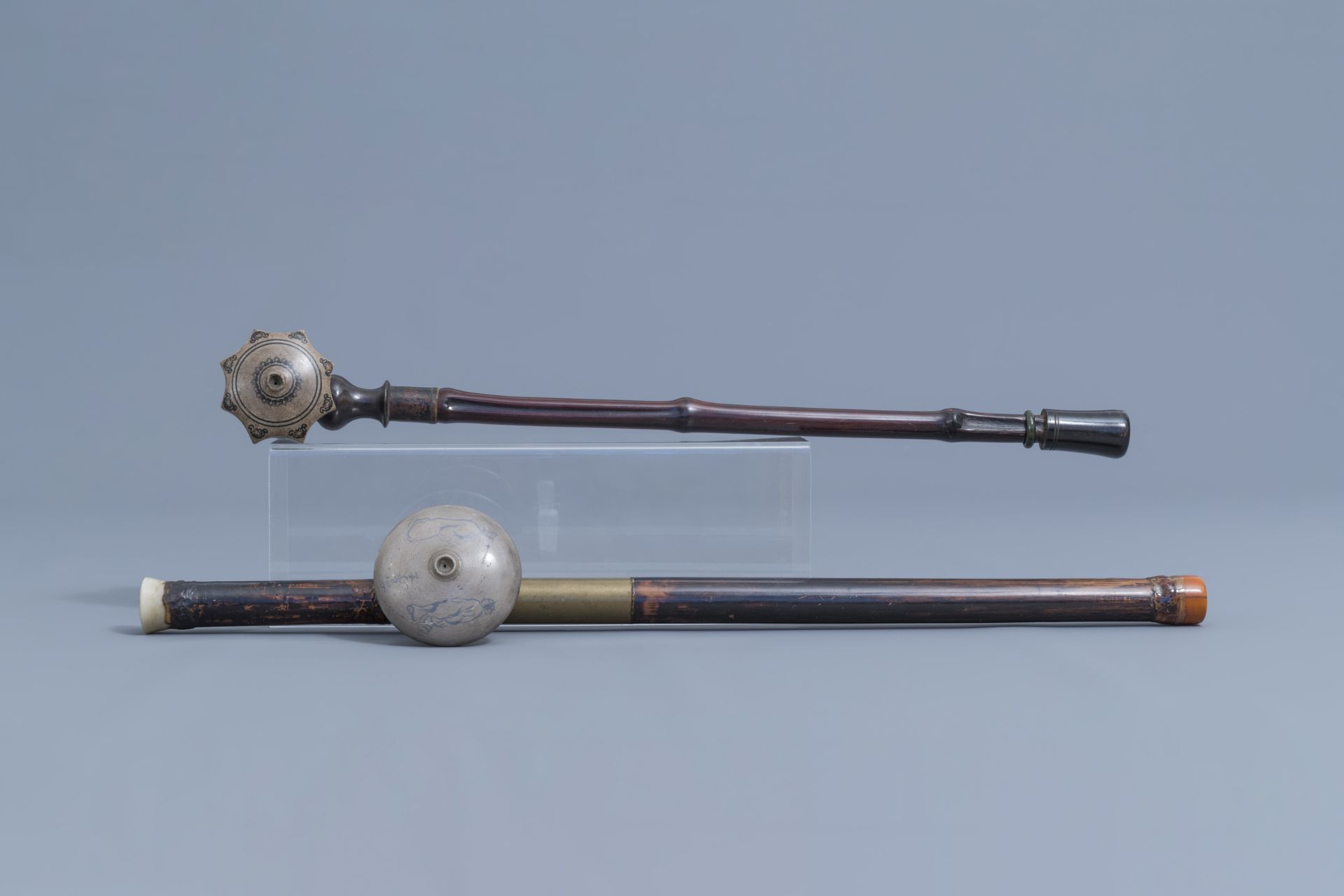 Two Chinese bamboo opium pipes finished with brass, jade, ivory and stoneware, ca. 1900 - Image 4 of 18