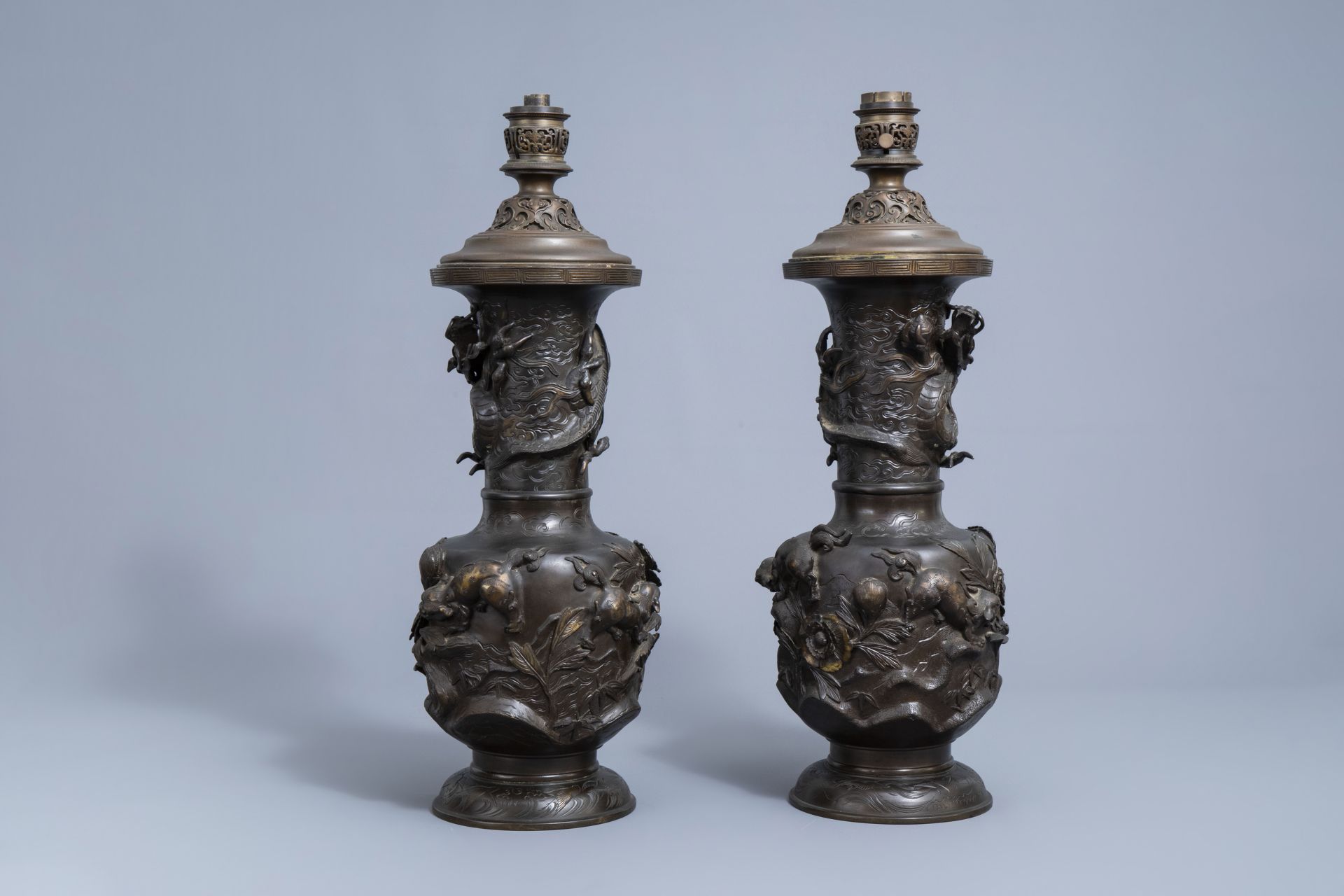 A pair of impressive Japanese partly gilt bronze vases with Gagneau mounts, Meiji, 19th C. - Image 7 of 40